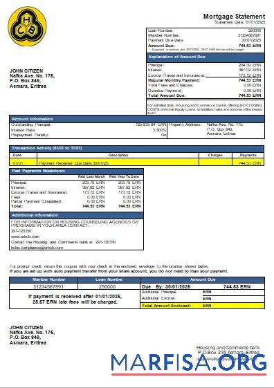 Downloadable Eritrea Housing and Commerce bank mortgage statement scr example